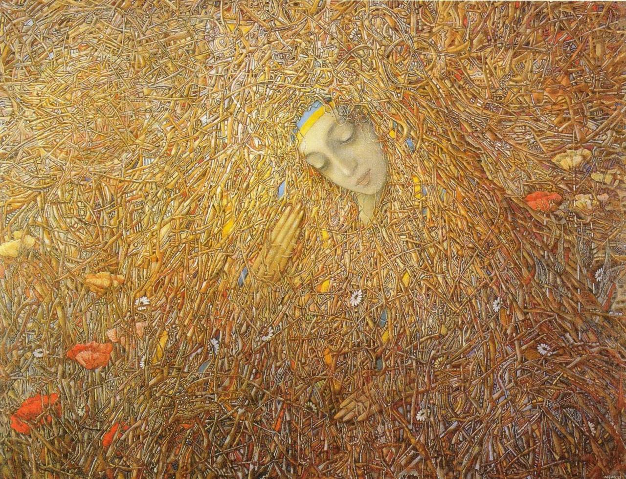Картина Івана Марчука в техніці пльонтанізм «Пробудження», 1992. (з циклу «Голос моєї душі»)