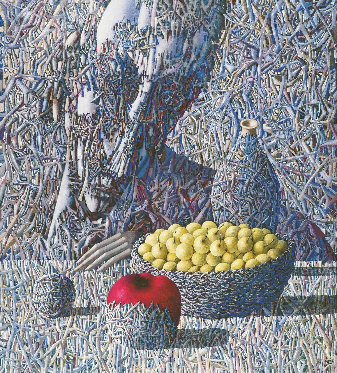 Картина Івана Марчука в техніці пльонтанізм «Жовті черешні», 1995 р. (з циклу «Голос моєї душі»)